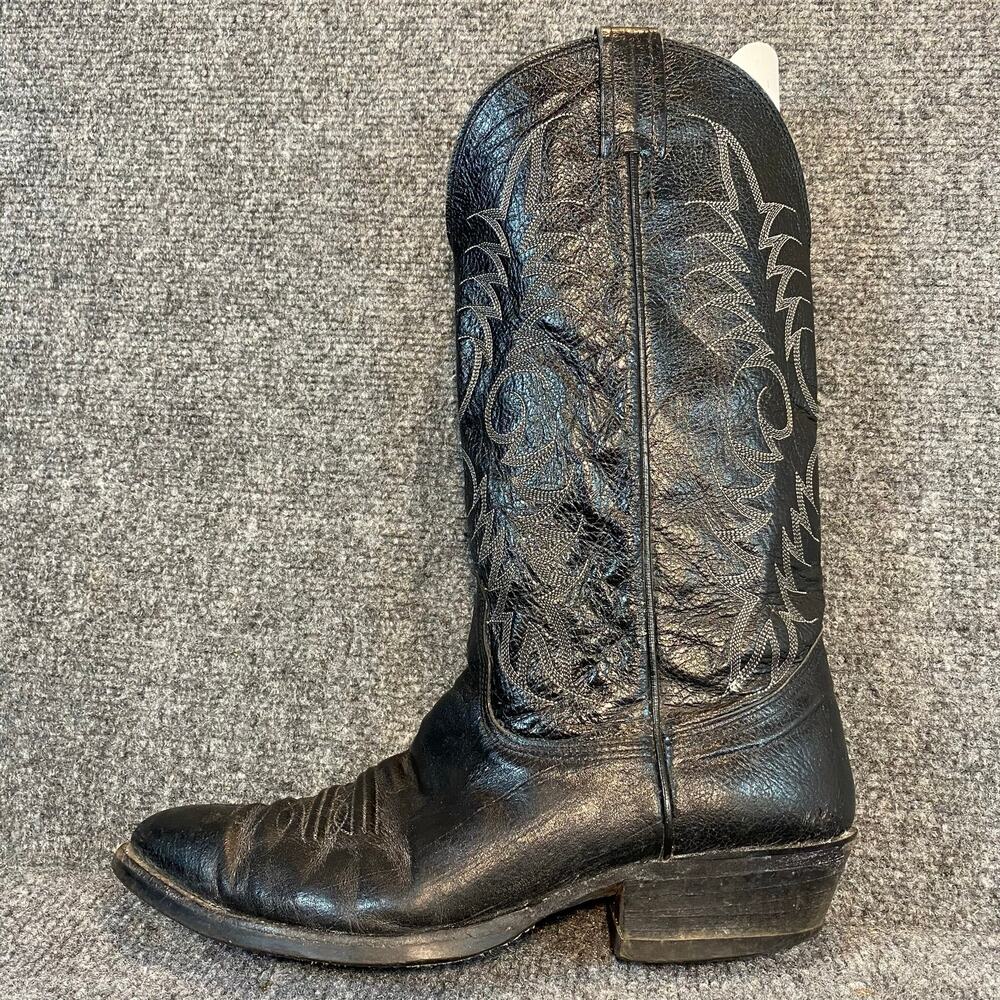 Vintage Nocona Men 10D Black Leather Cowboy Western Embroidered Boots Point Toe